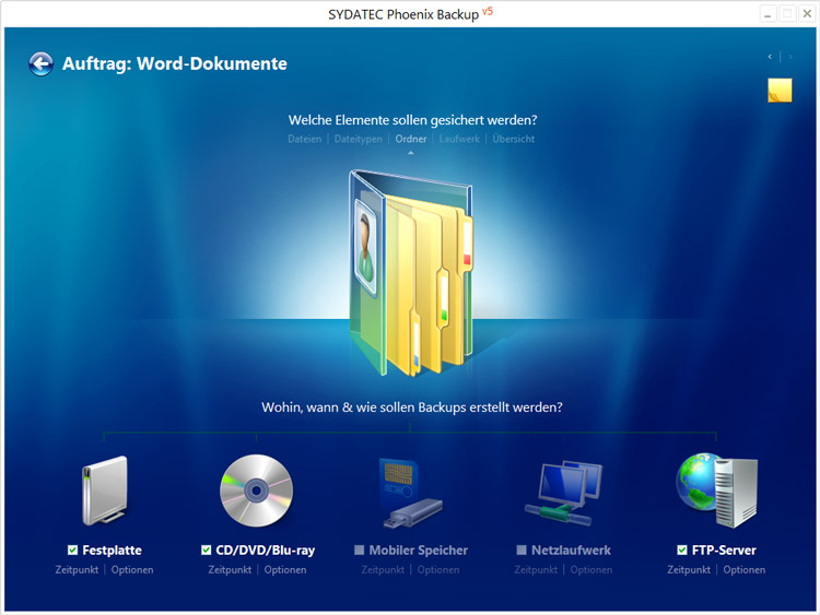 Das Auftragsformular von Phoenix Backup v5